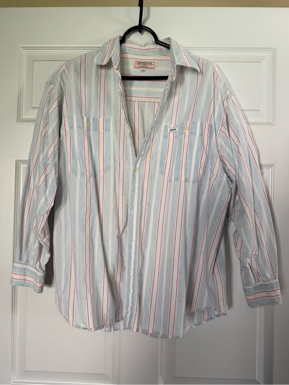 Vintage 1990s Guess Women’s Striped Button-up Shirt - Light Blue & Pink